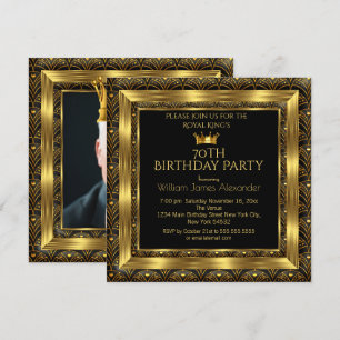 Mens Birthday Party Photo Crown Gold Art Deco Invitation