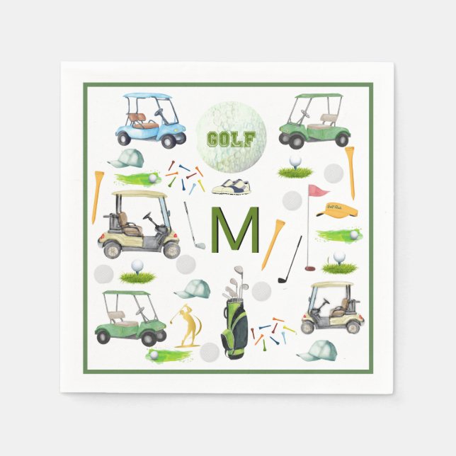 Men's Birthday Retirement Golf Theme Monogram Napkin (Front)