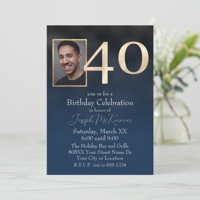 Men's Black and Navy Blue 40th Birthday Invitation (Standing Front)