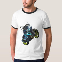 Men's black and white T-shirt with a motorcycle dr