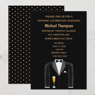 Mens Black Gold Tux Anniversaire Fête Invitation