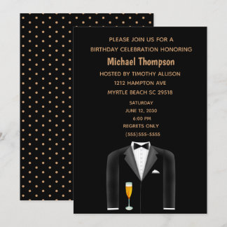 Mens Black Gold Tux Birthday Party Invitation