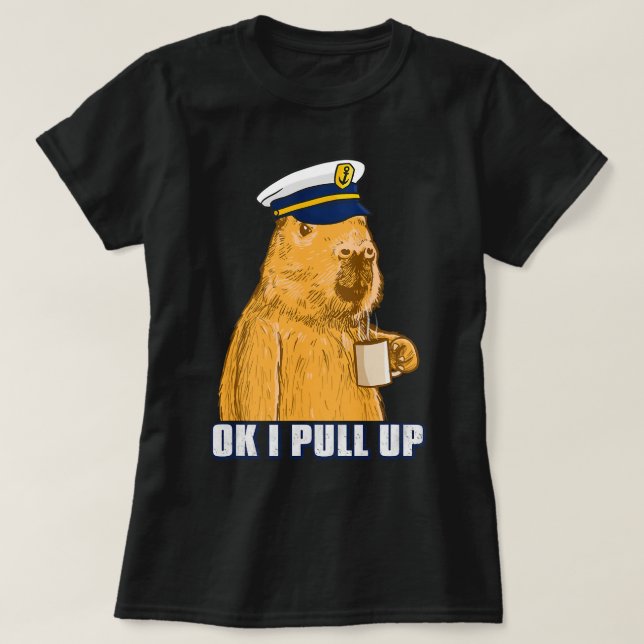 Mens Boat Captain Capybara Ok i Pull Up with Coffe T-Shirt (Design Front)