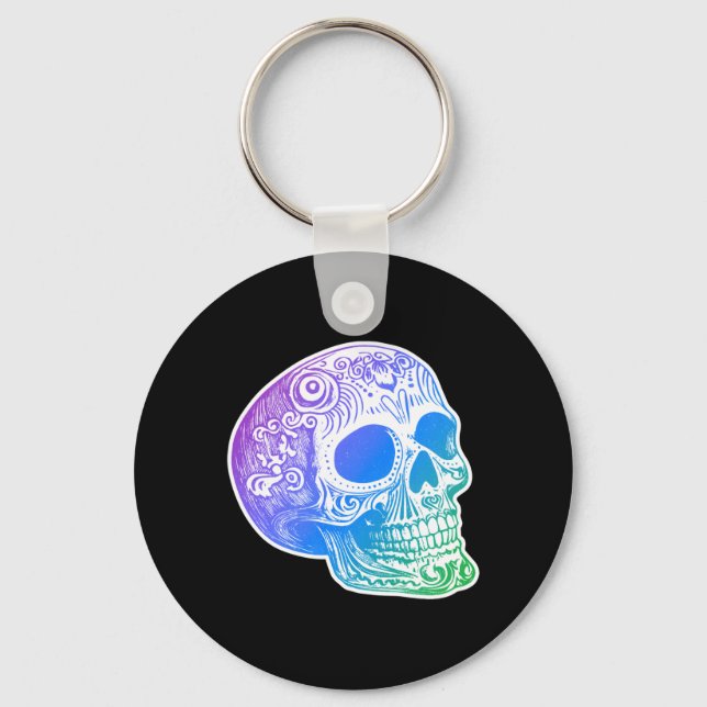 Mens Calaca Gradient Sugar Skull Design Keychain (Front)