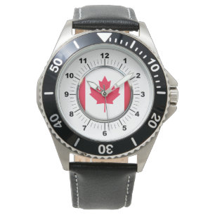 Men's Canada Flag Black Leather Strap Watch