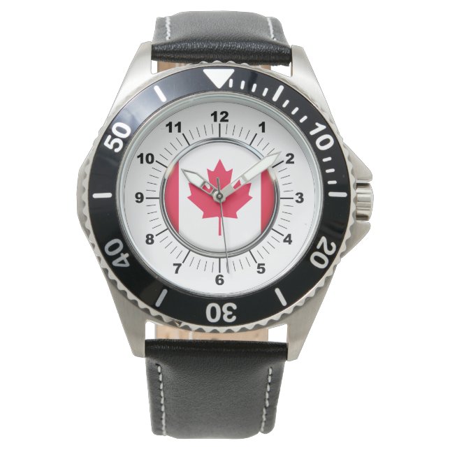 Men's Canada Flag Black Leather Strap Watch (Front)