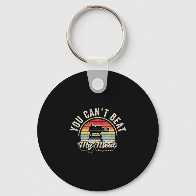 Mens can't beat meat retro bbq pit reverse flow keychain (Front)