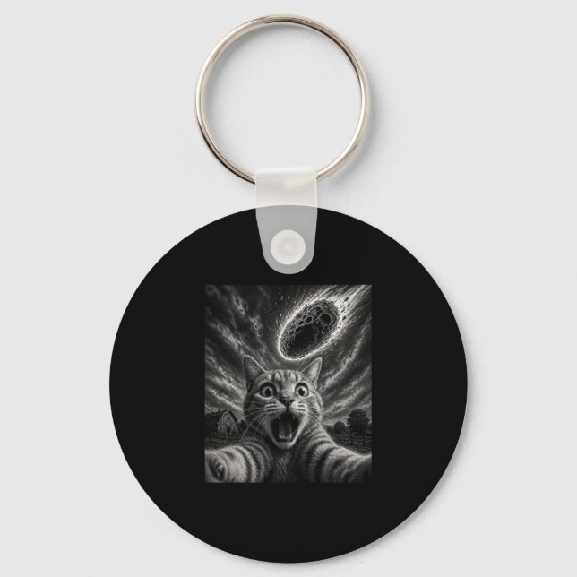 Mens cat selfie meteor graphic funny asteroid pet keychain (Front)
