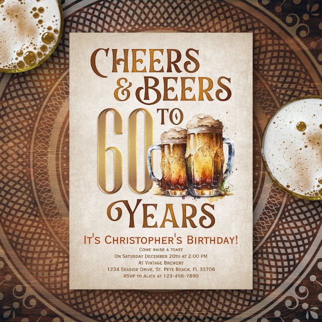 Mens Cheers & Beers Funny 60th Birthday Invitation (Creator Uploaded)