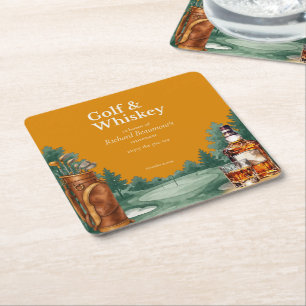 Men's Chic Golf & Whiskey Themed Retirement Party Square Paper Coaster