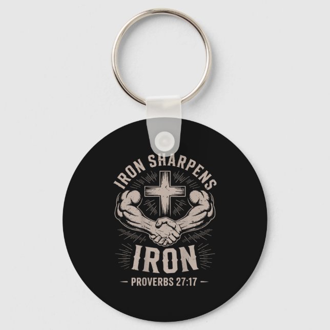 Men's Christian Workout Iron Sharpens Iron Proverb Keychain (Front)