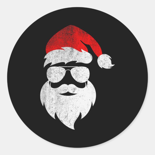 Mens Christmas Santa Claus Face Sungles With Hat B Classic Round Sticker (Front)