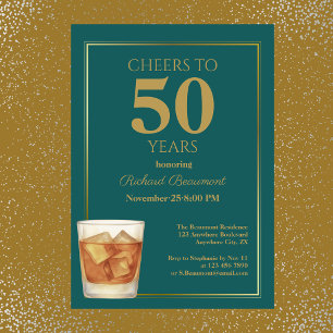 Men's Classic Teal Gold Cheers 50th Birthday Invitation