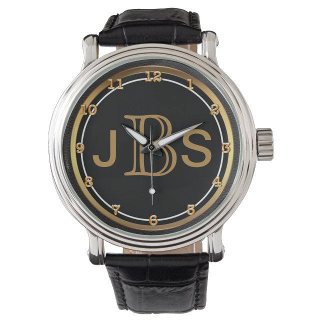 Men's Classy Black Gold | Masculine Monogram Watch (Front)