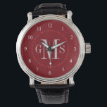 Men's Classy Personalized Monogram Watch<br><div class="desc">Elegant and classy, clean and simple customized monogrammed watches for the special guy on your gift list. Classic easy to read numbers with white hash marks and crimson burgundy red face. Bold and sophisticated for traditional style gentlemen -- click Customize It to change the background colour, font sizes, style or...</div>