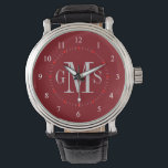 Men's Classy Personalized Monogram Watch<br><div class="desc">Elegant and classy, clean and simple customized monogrammed watches for the special guy on your gift list. Classic easy to read numbers with white hash marks and crimson burgundy red face. Bold and sophisticated for traditional style gentlemen -- click Customize It to change the background colour, font sizes, style or...</div>