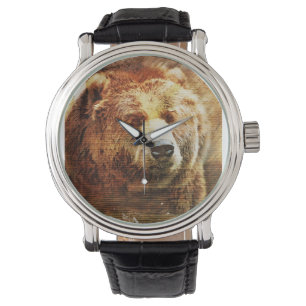 Men's Custom Watch with Grizzly Bear Illustration