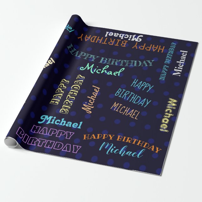 Men's Dark Blue Happy Birthday Name Custom Wrapping Paper (Unrolled)