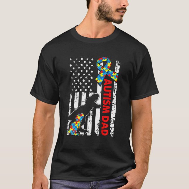 Mens Distressed Dinosaur Autism Dad USA Flag Autis T-Shirt (Front)