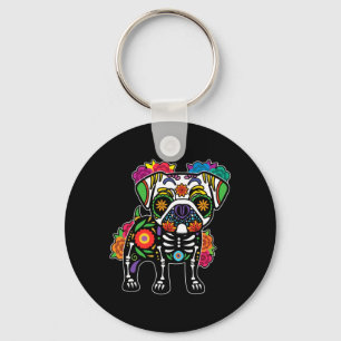 Mens Dog Pug Floral Skeleton Day Of Government Keychain