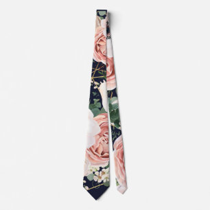 Mens Dress Tie Geometric Garden Rose Navy Blue