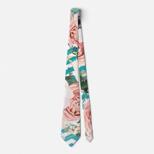 Mens Dress Tie Geometric Rose Chevron Teal (Front)