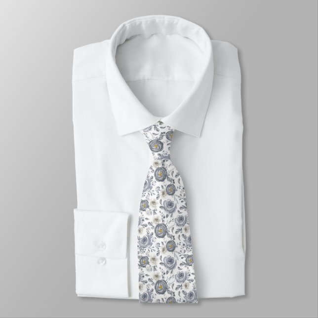 Men's Dress Tie-Grey Floral Tie (Tied)