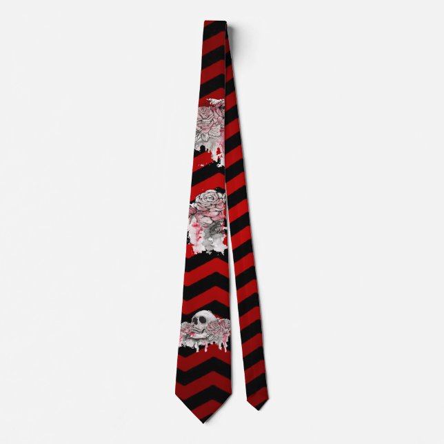 Mens Dress Tie skull Rose Gothic Chevron red black (Front)