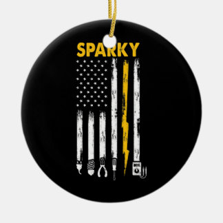 Mens Electrician US Flag Sparky Tools Ceramic Ornament