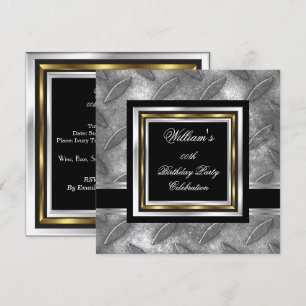 Men's Elegant Black Gold Silver Birthday Metal Invitation