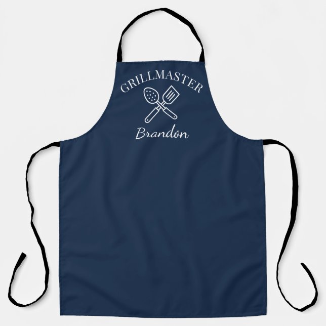Men's Elegant Blue Chef Name Modern Grillmaster Apron (Front)
