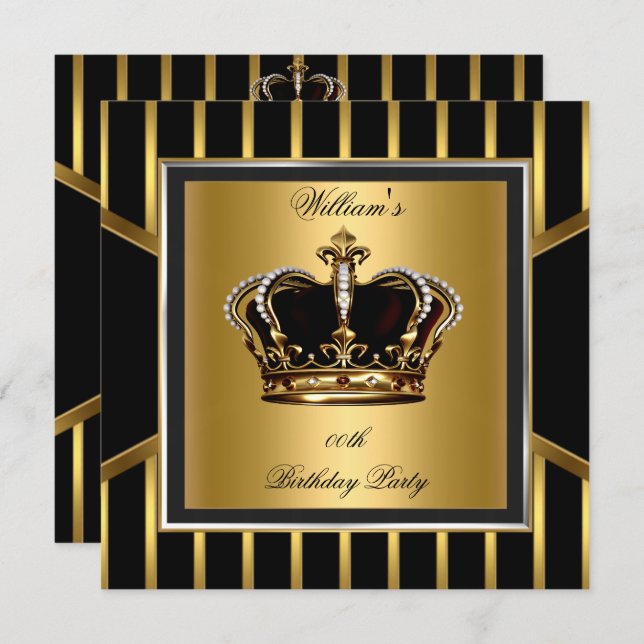 Men's Elegant Gold Black Stripe Birthday Crown Invitation (Front/Back)