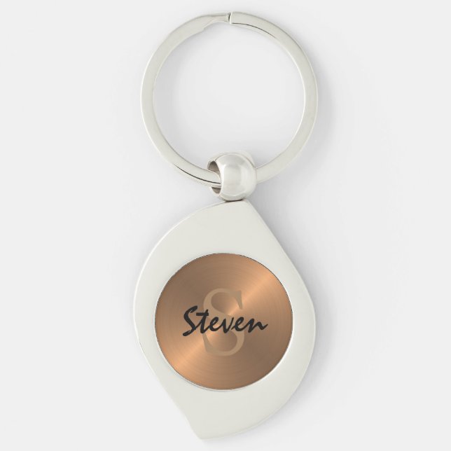 Men's Elegant Monogram Name Bronze Metallic Keychain (Front)