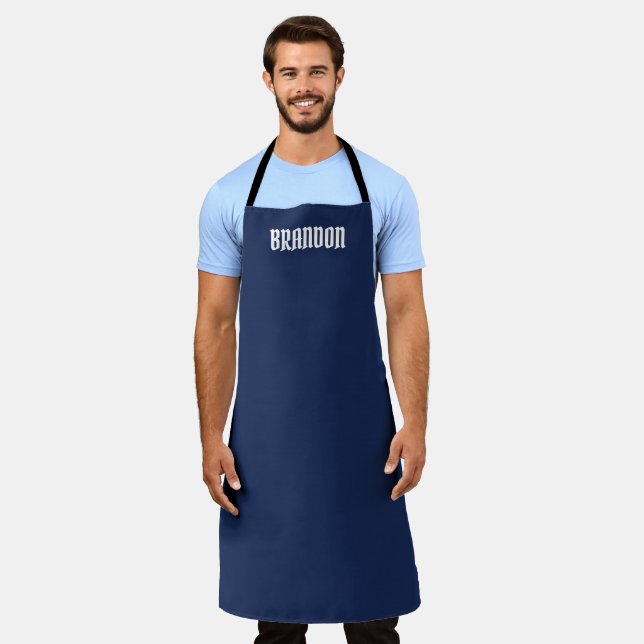 Men's Elegant Navy Blue White Name Modern Simple Apron (Worn)
