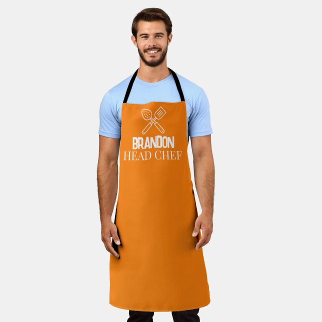 Men's Elegant Orange Chef Name Modern Simple Apron (Worn)