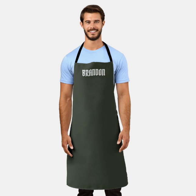 Men's Elegant Sage Green White Name Modern Simple Apron (Worn)