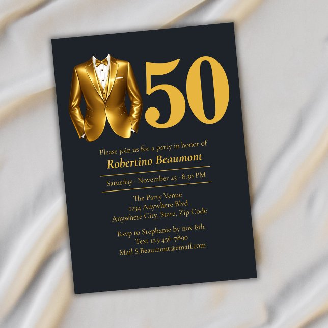 Men's Elegant Tuxedo Gold Black 50th Birthday Invitation (Creator Uploaded)