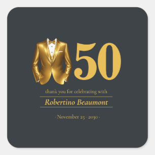 Men's Elegant Tuxedo Gold Black 50th Birthday Square Sticker