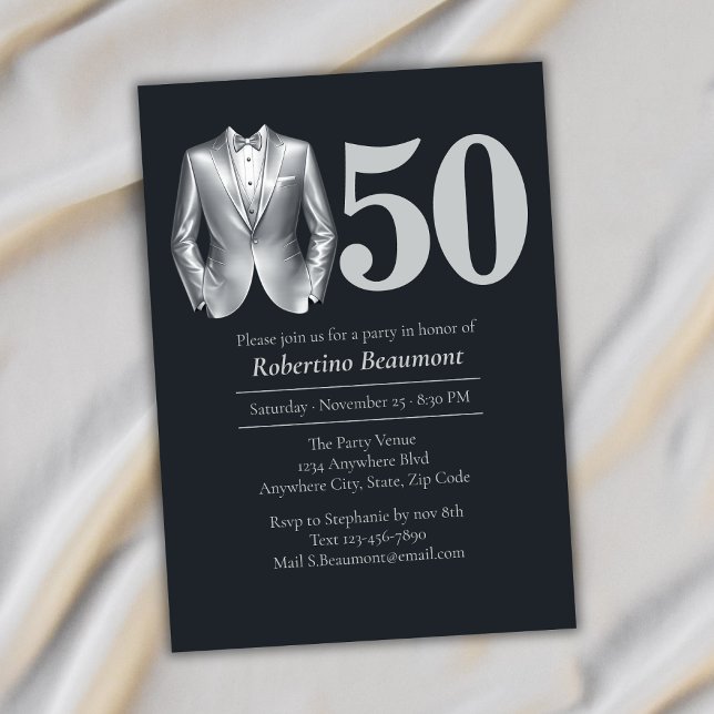 Men's Elegant Tuxedo Silver Black 50th Birthday Invitation (Creator Uploaded)