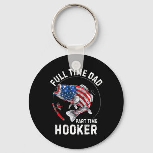 Mens Fishing American Flag Vintage Full Time Dad P Keychain