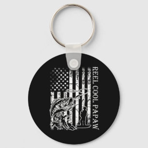 Mens Fishing Reel Cool Papaw American Flag Fathers Keychain