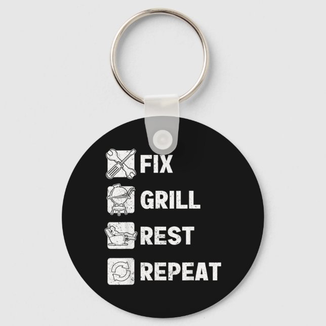 Mens Funny Dad Fix Grill Rest Repeat Mens Gifts Keychain (Front)