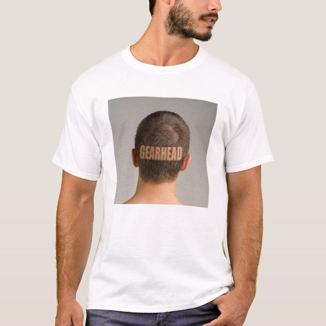 Mens Funny T-Shirt Gearhead Haircut Shaved Head (Front)