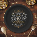 Mens Funny Whiskey 40th Birthday Paper Plate<br><div class="desc">Celebrate the big 4-0 with style and humour with this vintage whiskey label-inspired birthday design. The black, gold, and white typography is ornate and elegant, giving it a classic retro vintage feel. Perfect for man (or woman!) in your life who loves their scotch, spirits, bourbon, and other liquor drinks. Features...</div>