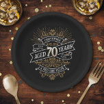 Mens Funny Whiskey 70th Birthday Paper Plate<br><div class="desc">Celebrate the big 7-0 with style and humour with this vintage whiskey label-inspired birthday design. The black, gold, and white typography is ornate and elegant, giving it a classic retro vintage feel. Perfect for man (or woman!) in your life who loves their scotch, spirits, bourbon, and other liquor drinks. Features...</div>