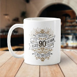 Mens Funny Whiskey 90th Birthday Coffee Mug<br><div class="desc">Celebrate the big 9-0 with style and humour with this vintage whiskey label-inspired birthday design. The black, gold, and white typography is ornate and elegant, giving it a classic retro vintage feel. Perfect for man (or woman!) in your life who loves their scotch, spirits, bourbon, and other liquor drinks. Features...</div>
