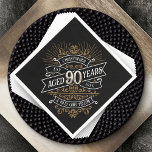 Mens Funny Whiskey 90th Birthday Napkin<br><div class="desc">Celebrate the big 9-0 with style and humour with this vintage whiskey label-inspired birthday design. The black, gold, and white typography is ornate and elegant, giving it a classic retro vintage feel. Perfect for man (or woman!) in your life who loves their scotch, spirits, bourbon, and other liquor drinks. Features...</div>