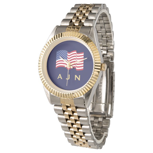 Mens Gold Monogrammed American Flag Watch  (Angled)