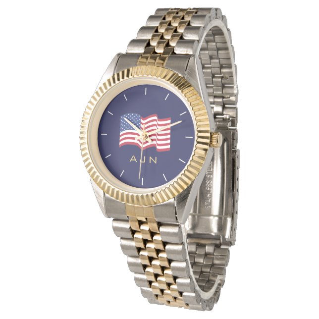 Mens Gold Monogrammed American Flag Watch  (Angled)