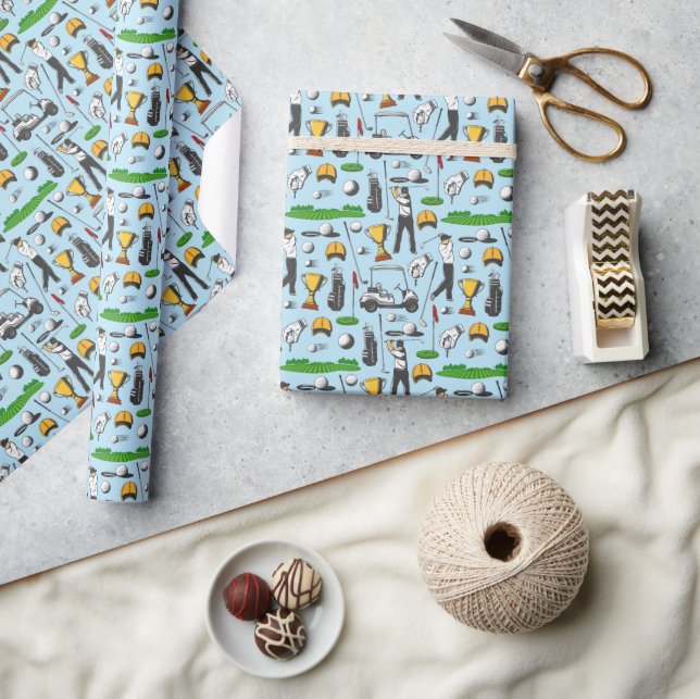 Men's Golfing Golf Sports Symbols Blue Gift Wrapping Paper (Crafts)